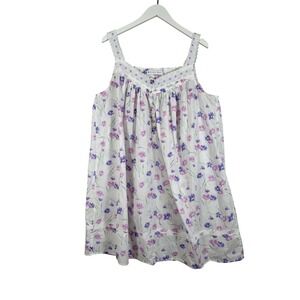 Eileen West Short Nightgown L White Purple Floral Sleeveless Cotton